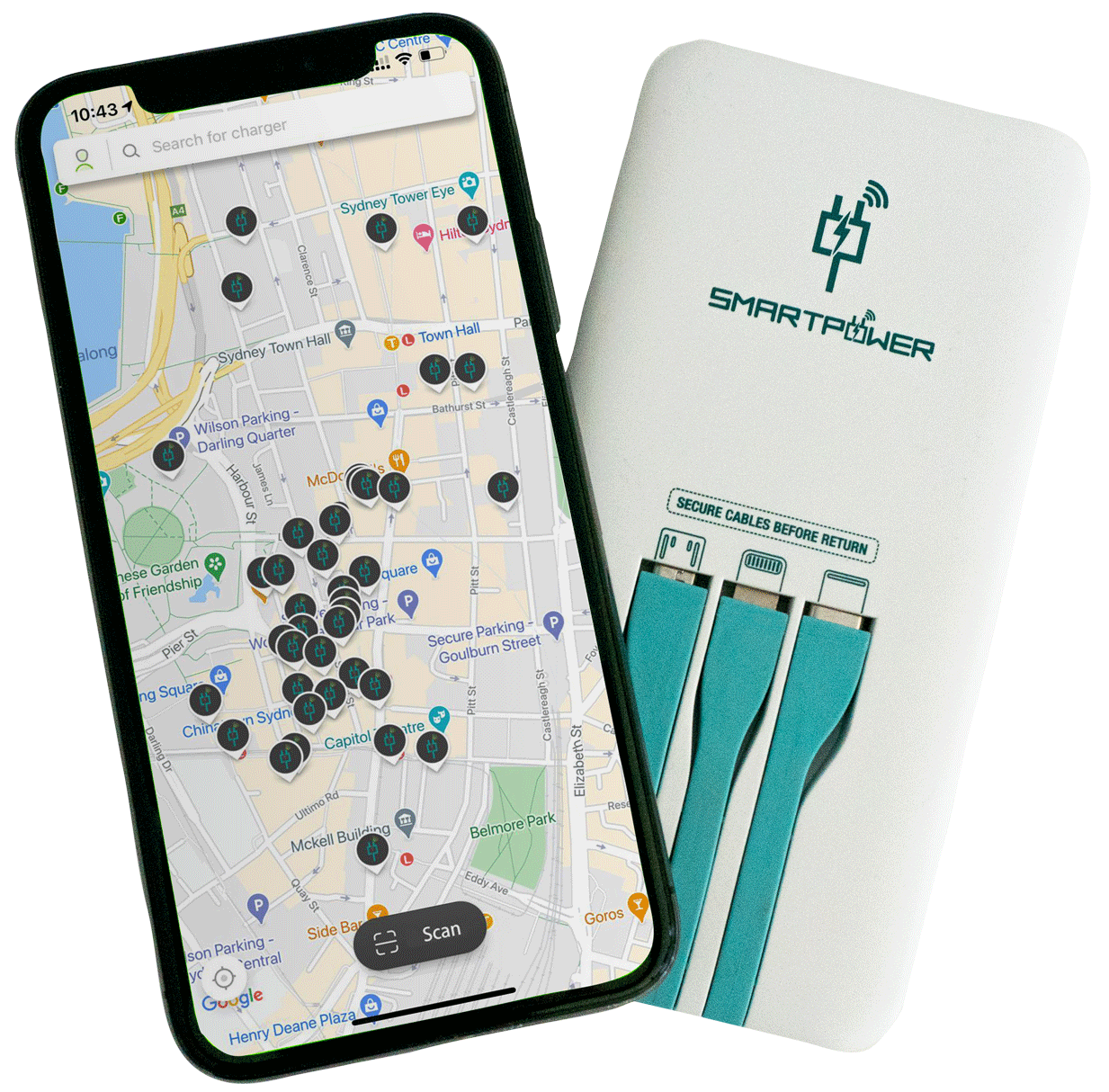 iphone with smartpower map and power bank